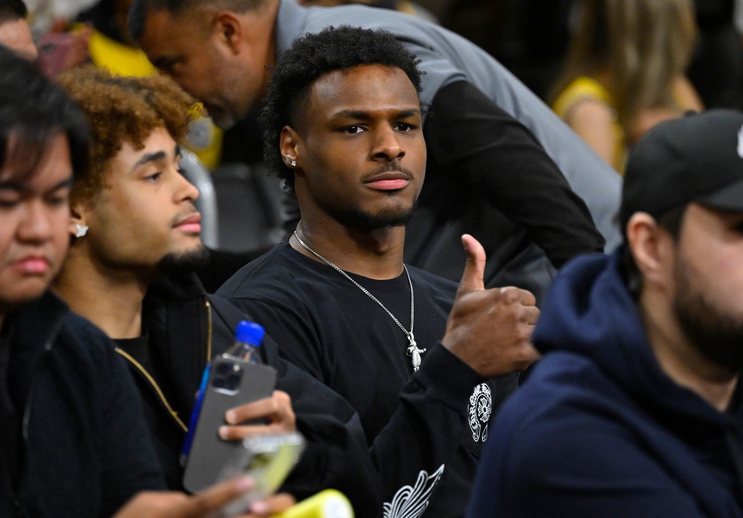 Apr 28, 2023; Los Angeles, California, USA; Bronny James attends game six of the 2023 NBA playoffs between the Los Angeles Lakers and the Memphis Grizzlies at Crypto.com Arena. Mandatory Credit: Jayne Kamin-Oncea-USA TODAY Sports  